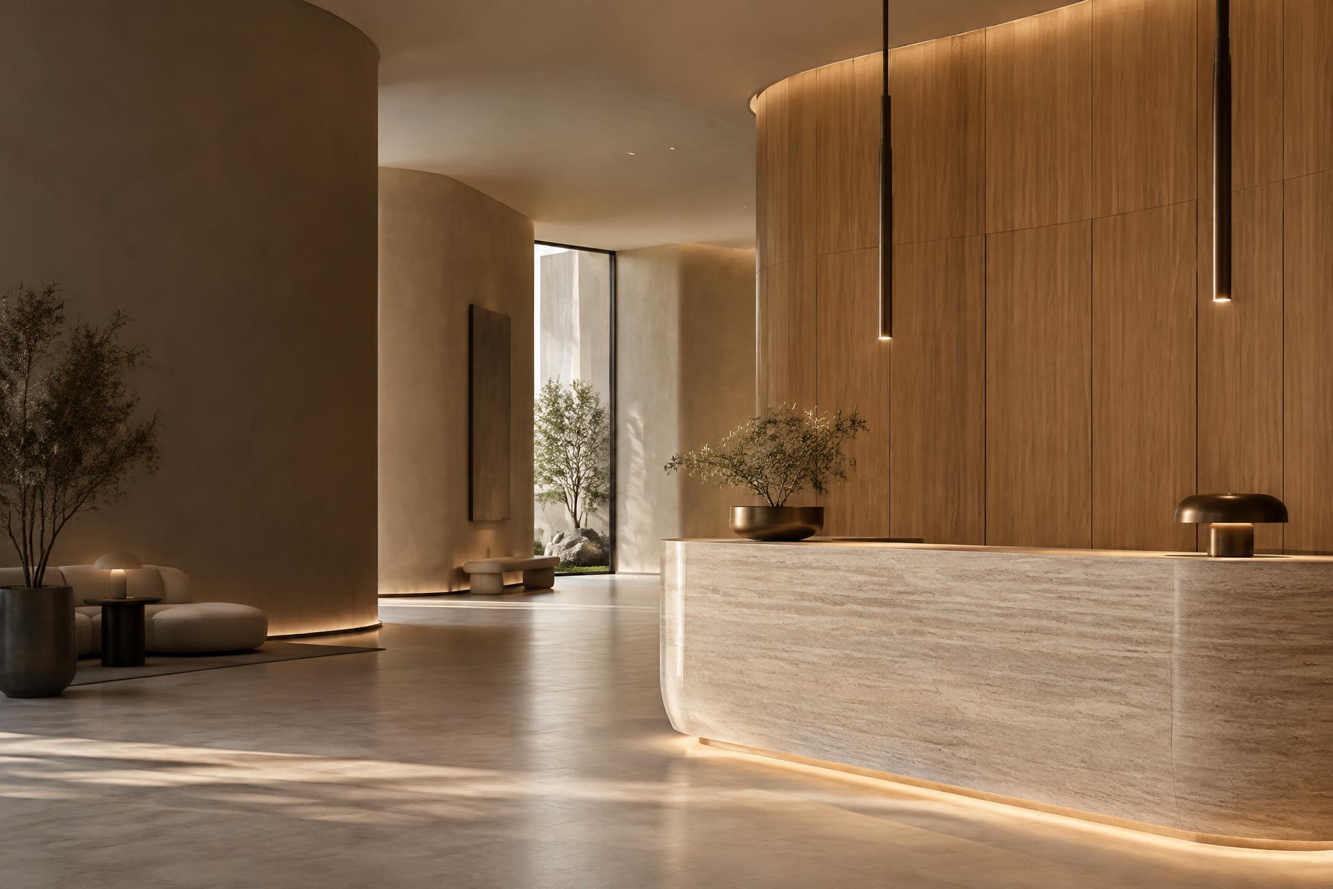 Illustrative architectural lobby with warm wood-effect panels and pale stone surfaces